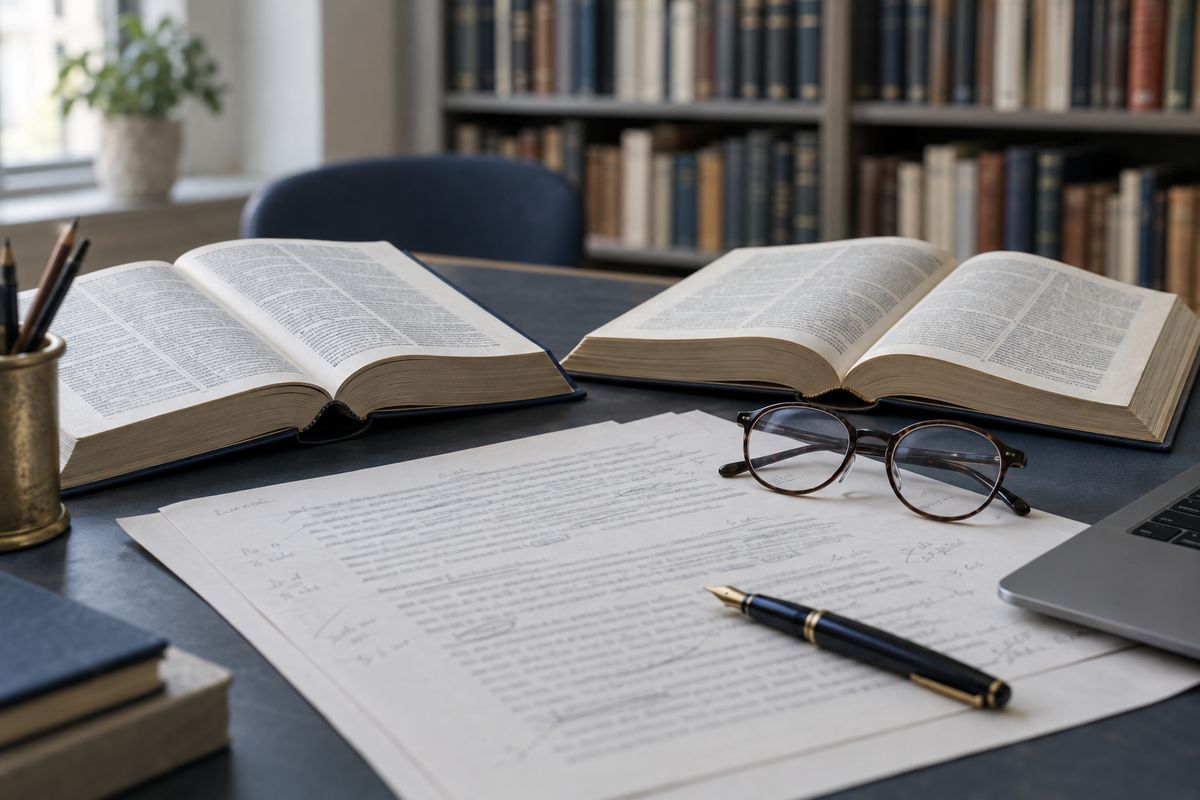 Übersetzerin am Schreibtisch mit Wörterbüchern und Manuskript
